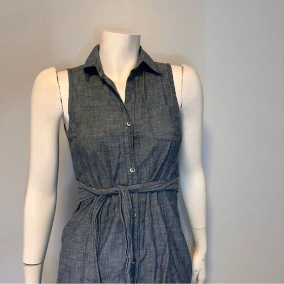 Theory Sleeveless Gray Chambray Button Down Ruffle Shirt Dress Size 4 - Picture 2 of 11